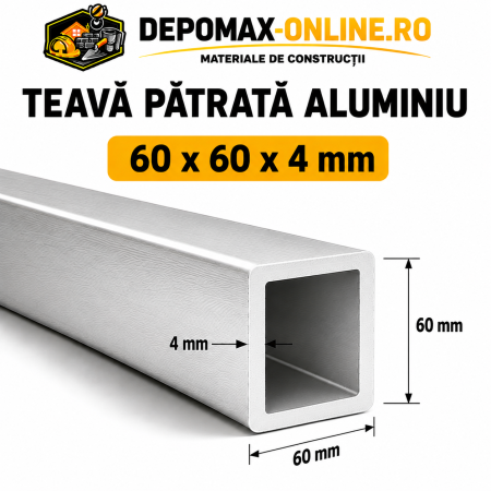 Teava patrata aluminiu 60 x 60 x 4 mm, 6 metri (EN AW-6060)